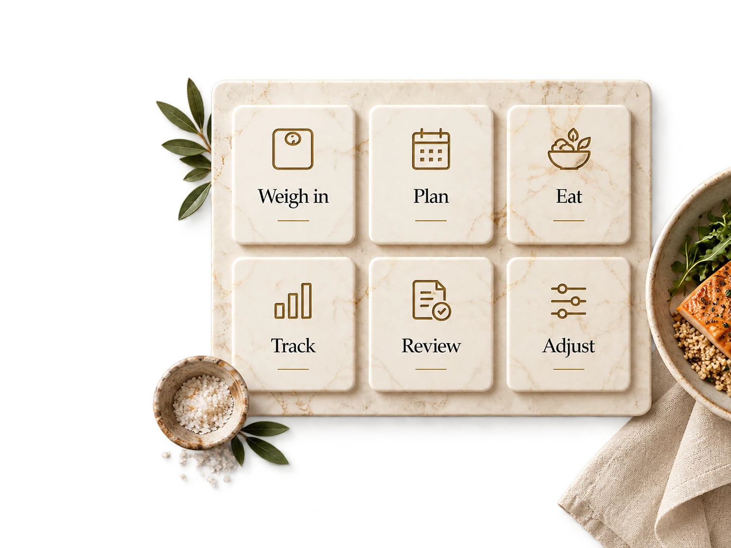 Marble board showing the HYC system: weigh in, plan, eat, track, review and adjust
